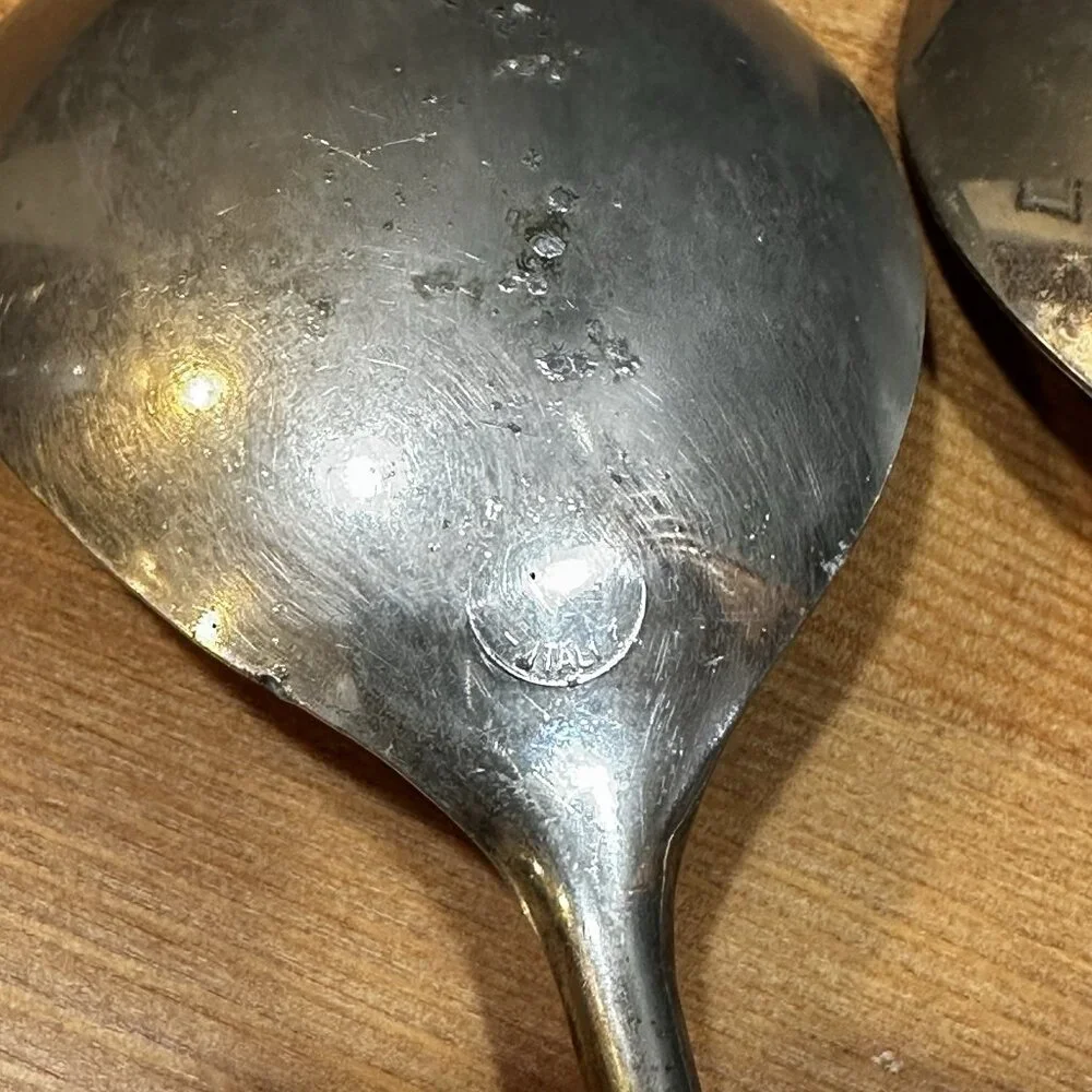 Vintage Italian Bamboo Salad Servers Silverplate Rustic MCM Patina